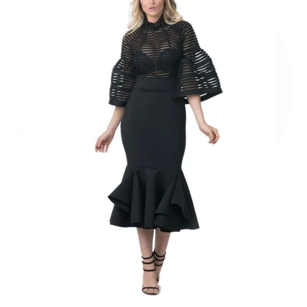 Eien’s elegant black formal sheer mesh top, bell sleeve,ruffled 1X party dress.